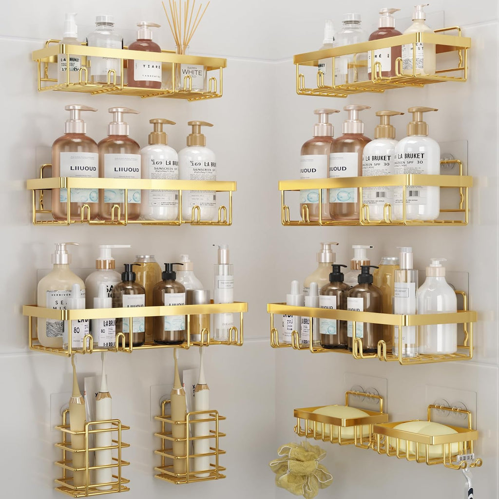 10 Pack Bright Gold Adhesive Shower Caddy Set