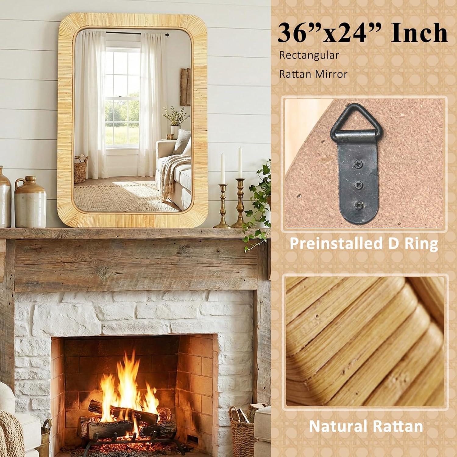 Rattan Boho Rectangular Wall Mirror