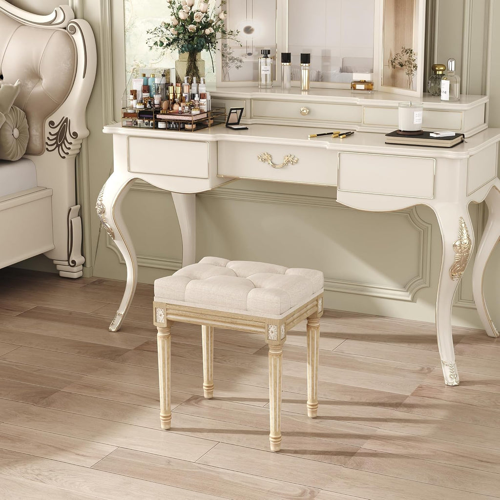 Beige Tufted Wood Makeup Vanity Bench