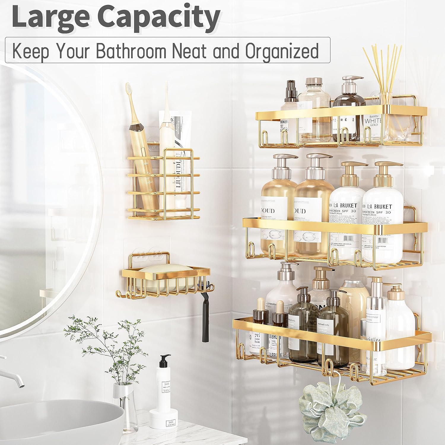 10 Pack Bright Gold Adhesive Shower Caddy Set