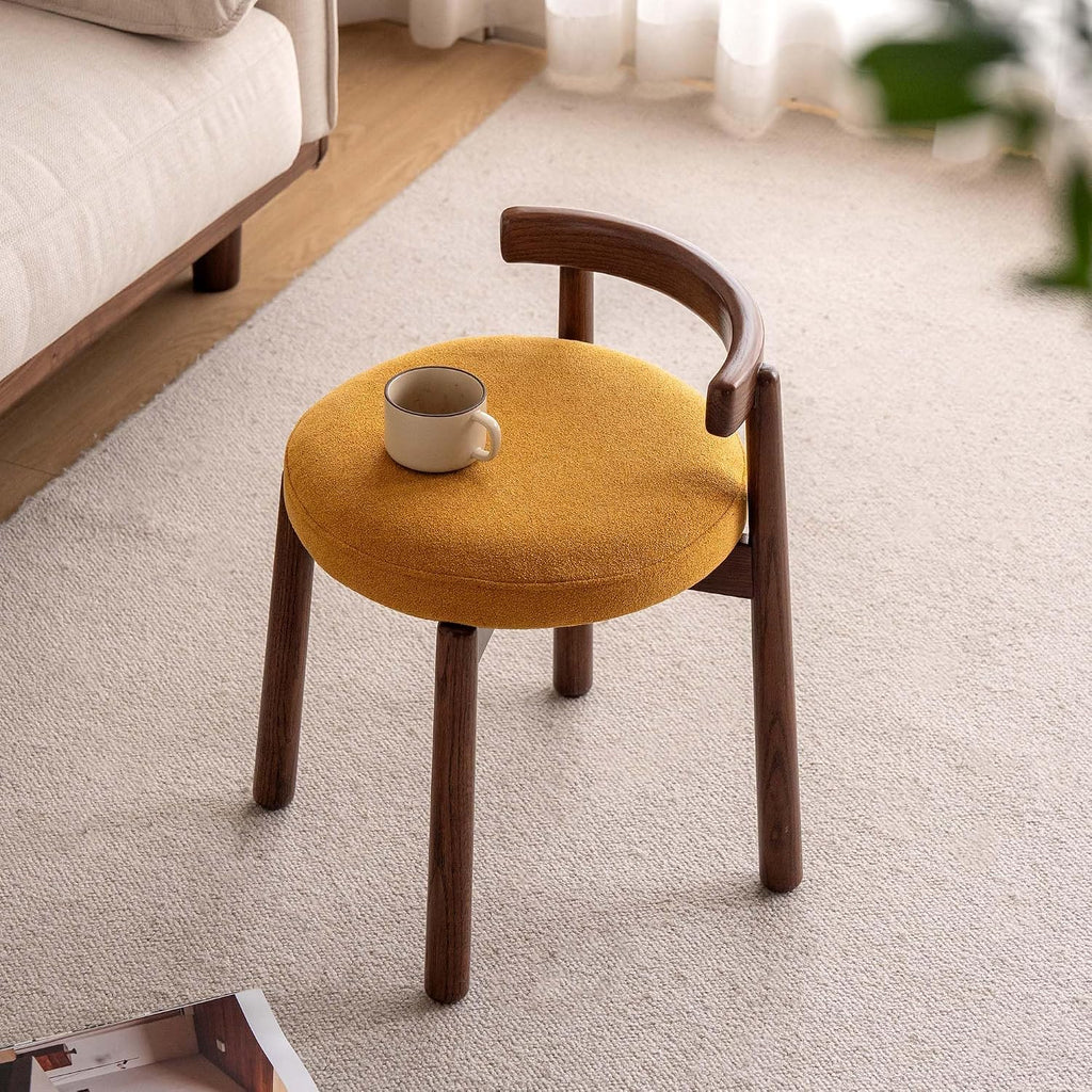 Walnut Oak Wood Non-Swivel Makeup Vanity Stool