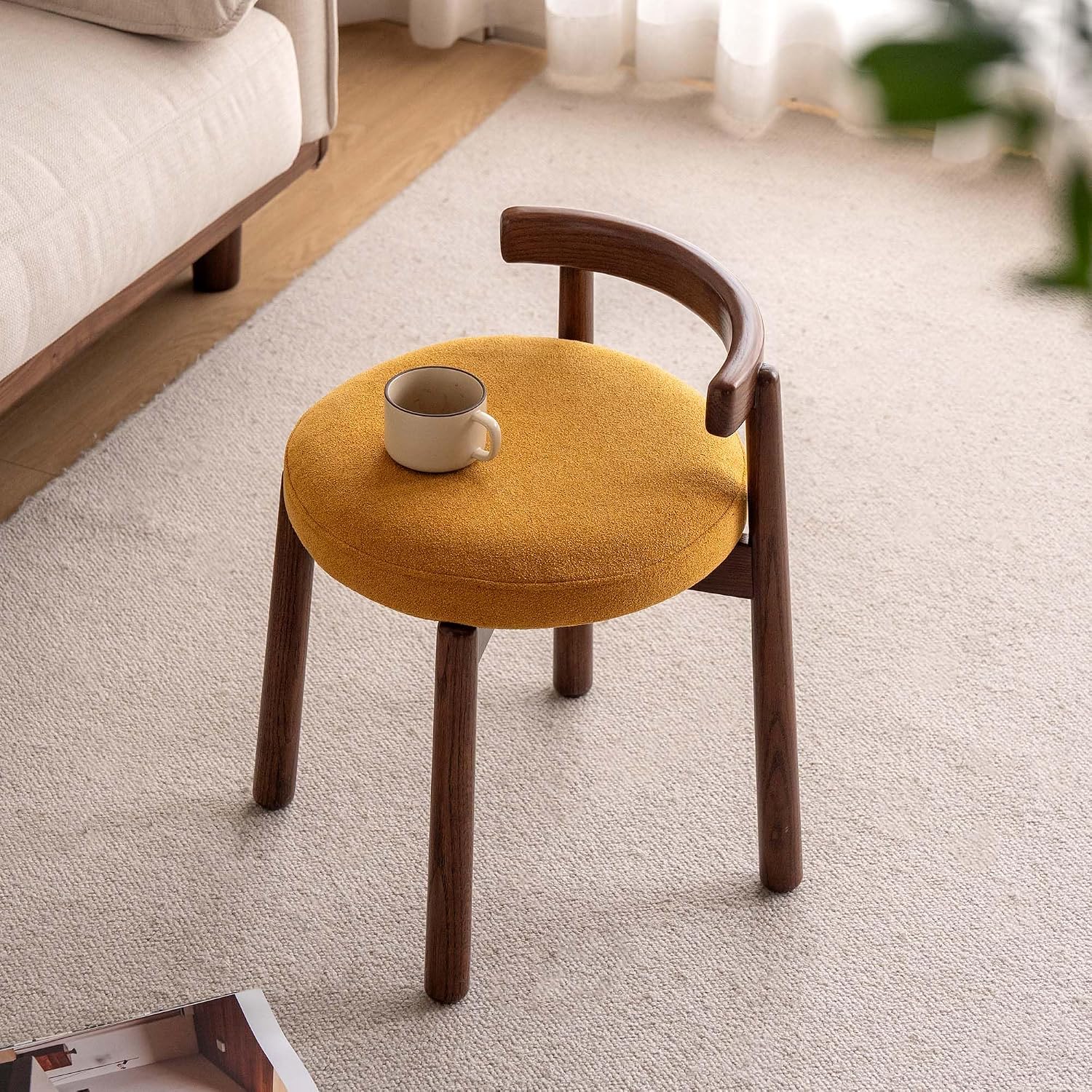 Walnut Oak Wood Non-Swivel Makeup Vanity Stool