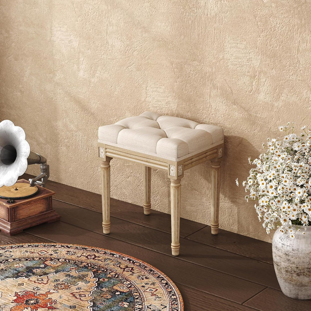 Beige Tufted Wood Makeup Vanity Bench