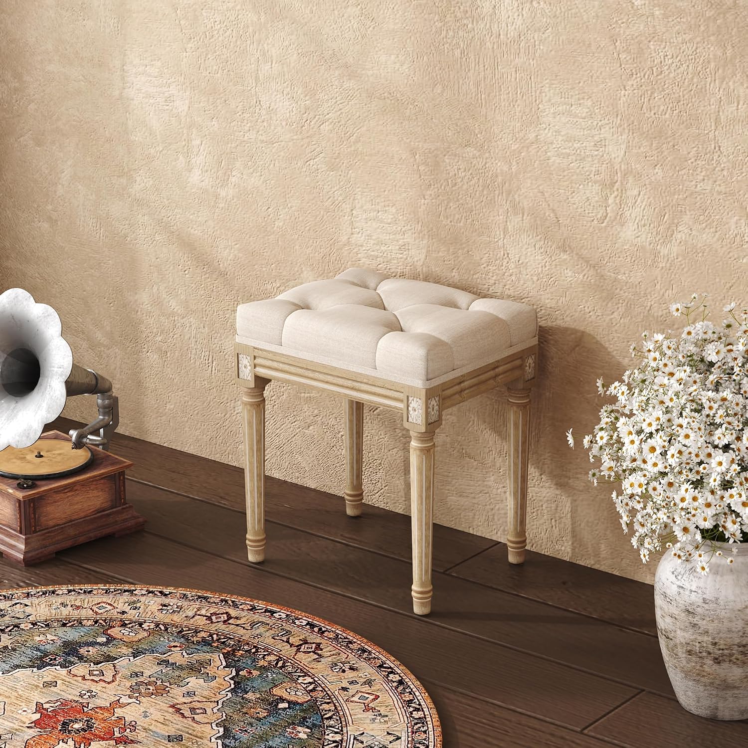 Beige Tufted Wood Makeup Vanity Bench